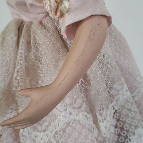 Pretty Vintage 17" Porcelain Doll with Metal Stand - Picture 12 of 13